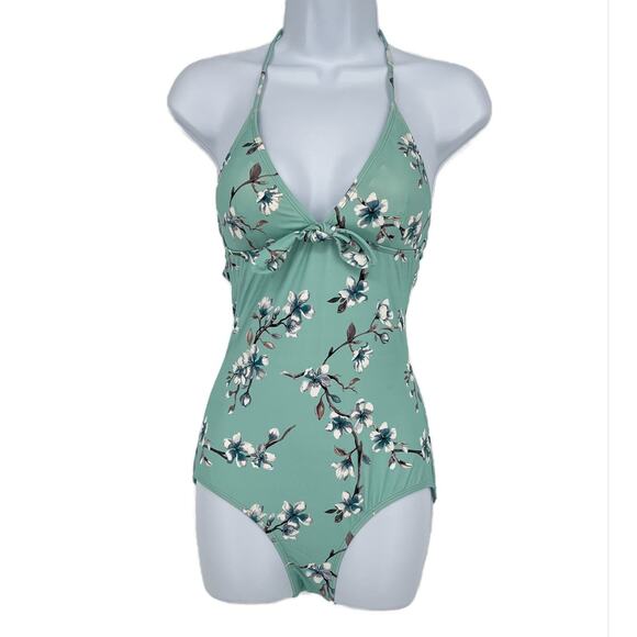 Swimsuit Vintage Style Halter One Piece in Green Dogwood Floral Print Size S - Picture 4 of 9